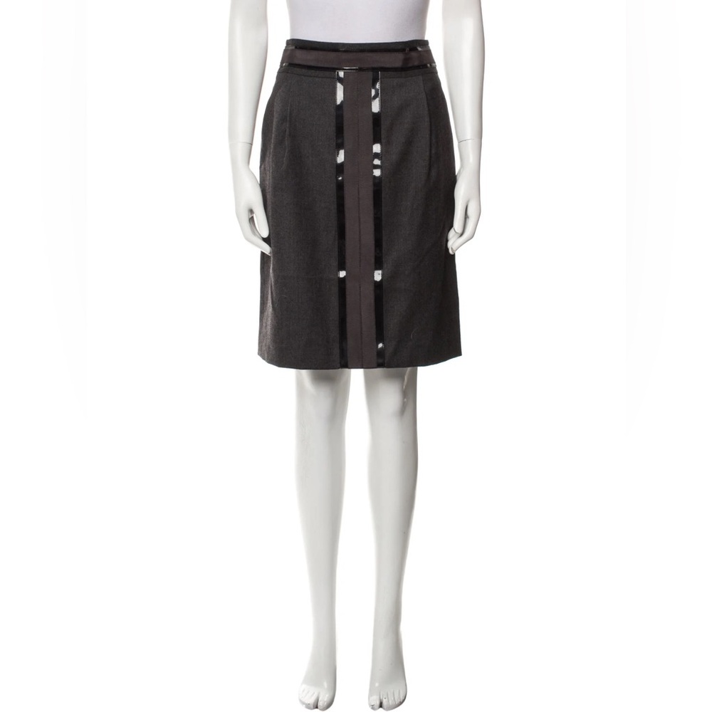 TORY BURCH GRAY Black PATENT LEATHER Brown Grosgrain Trim MINI Pencil SKIRT Sz 6